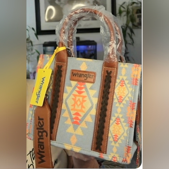 Wrangler Blue & Brown Geometric Purse Tote Bag Aztec Southwestern Style - Picture 2 of 7